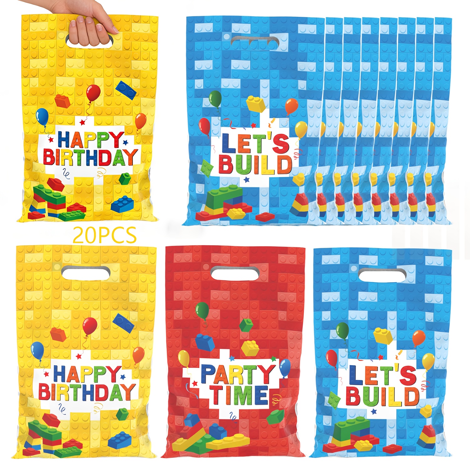 E-shop 20/40 Stück Bausteine Party Geschenktüten, Plastik Block , Tragbare Plastiktaschen, Geburtstagsparty Geschenktüten, Cartoon Party