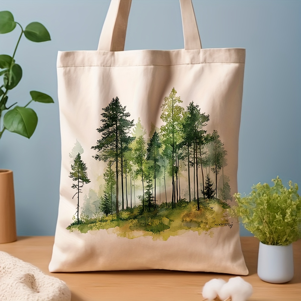 TEMU 1pc, Illustration Canvas Tote Bag Grocery Bags (13.8"x15.8"), Stylish Shopping Bag For Daily Use, Commuting, Beach Travel, Perfect Gift For