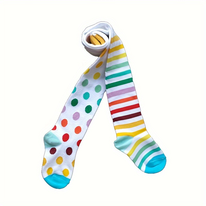 

A Pair Of Kid's Cotton Blend Fashion Colorful Stripe & Polka Dots Pattern Pantyhose, Comfy And Breathable Pantyhose For Daily Wearing