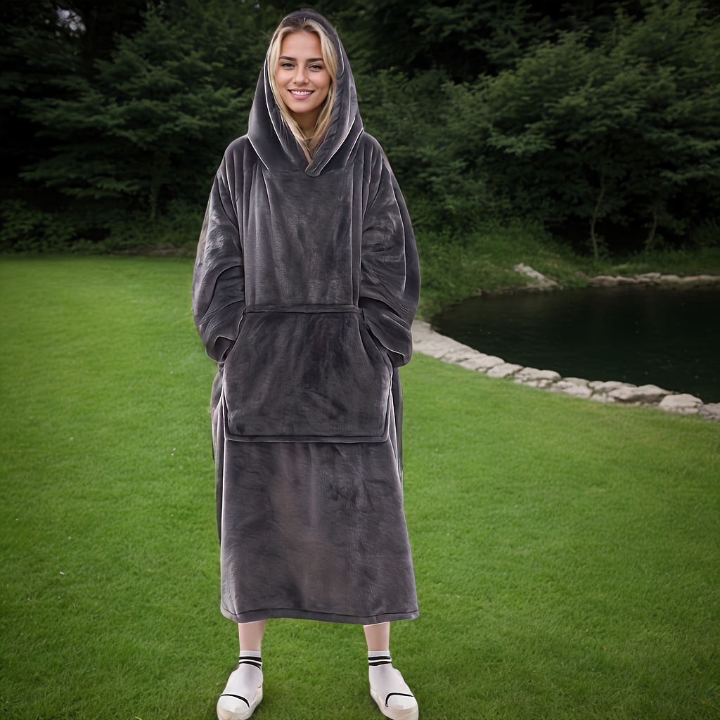 TEMU Cozy Fleece Hooded Wearable Blanket With Large Pockets - Soft, Warm & Comfortable Winter Robe For Adults - Perfect Christmas Gift