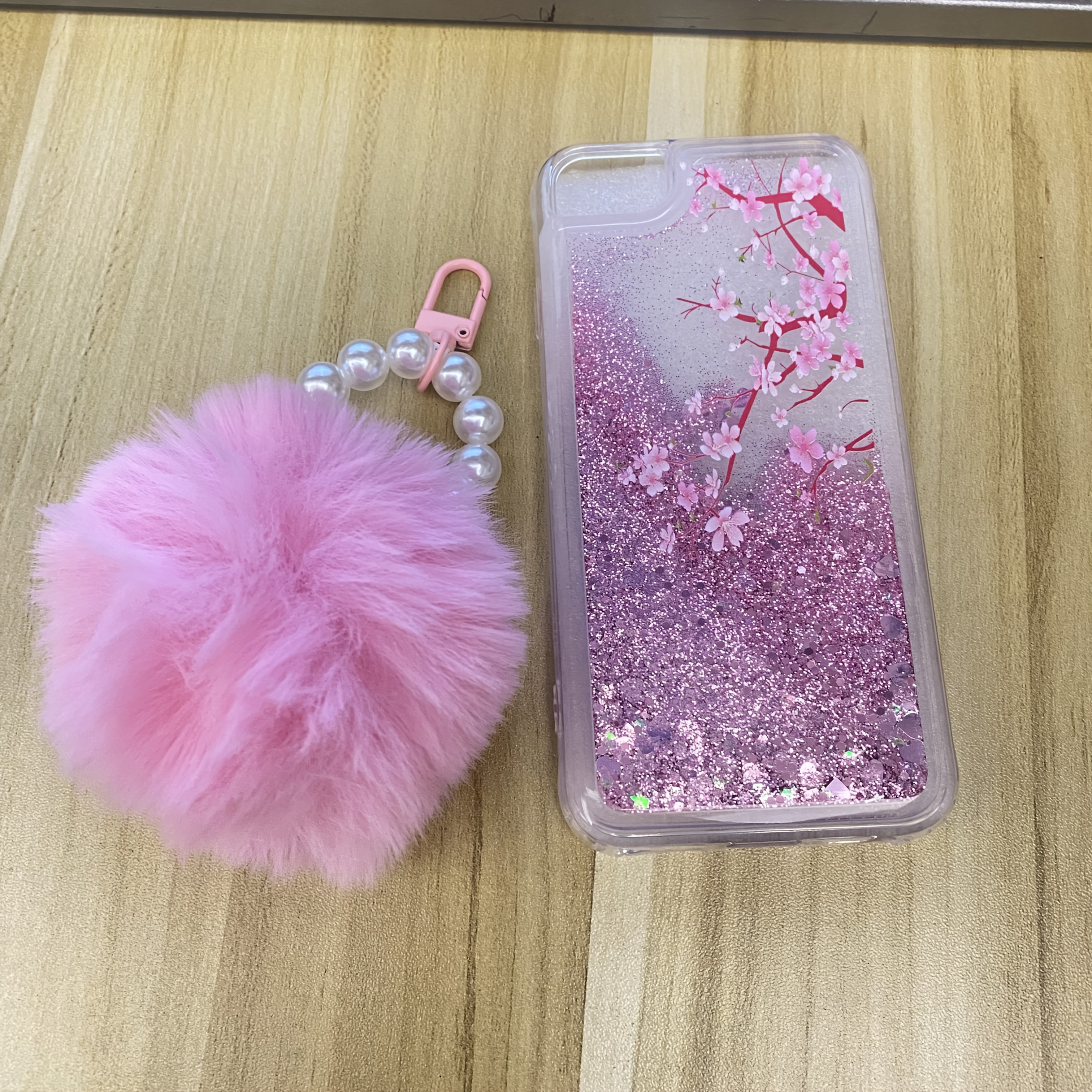 TEMU Coque de téléphone - Coque de téléphone Premium Fortune Rose Pêche Fleur de Pêcher avec Paillettes et Protection d'Objectif, Inclut un Cordon en
