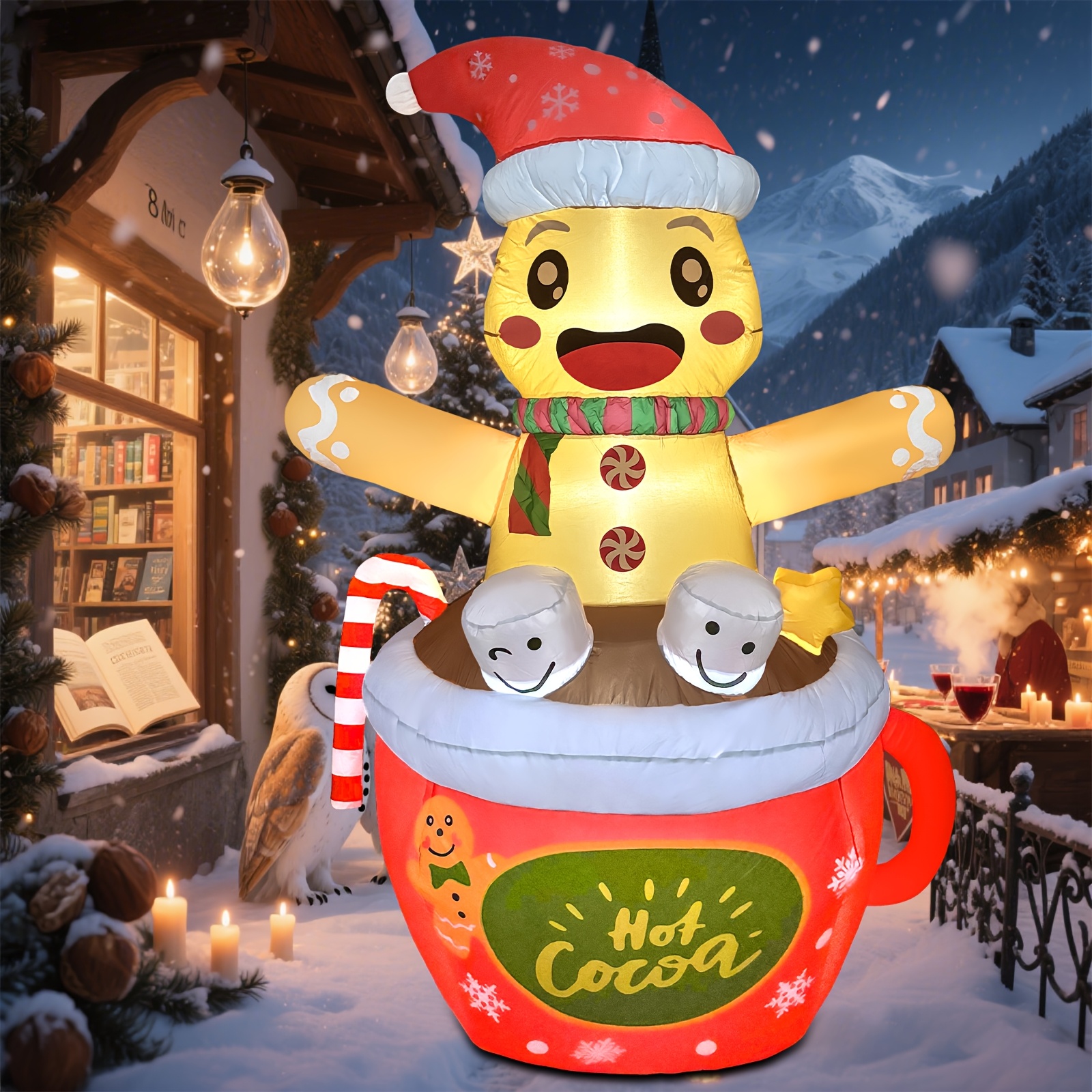 188,98 cm Kerst Gemberkoek Opblaasbare Decoratie voor Buiten, Opgeblazen Gemberkoek met LED-verlichting in Warme Chocolademelk Mok en Pepernoot