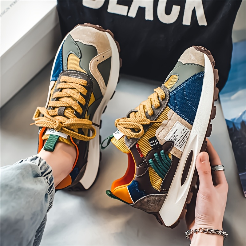 TEMU Men's Retro Casual Sneakers, Mixed Fabric And Upper, Lace-up Chunky Sole, Streetwear Style For