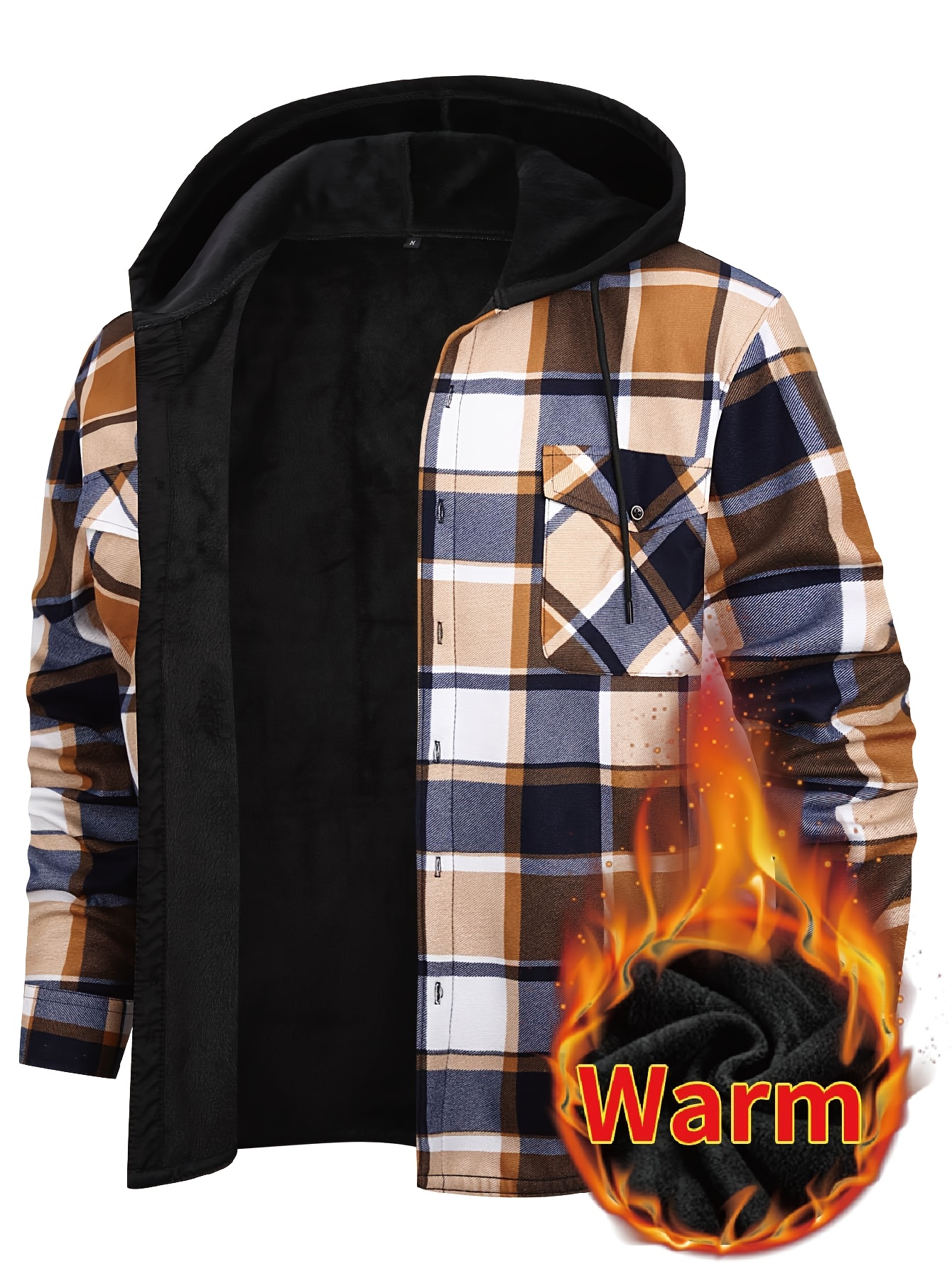 Thermisch werkschort met capuchon voor heren - Heavy-duty fleece gevoerde winterjas met ruitpatroon, volledige ritssluiting aan de voorkant, lange mouwen, overhemdjasje met knoopsluiting voor boerderij, bouw, buiten - Dik geïsoleerd laagstuk (s-3xl) - Ideaal voor Col