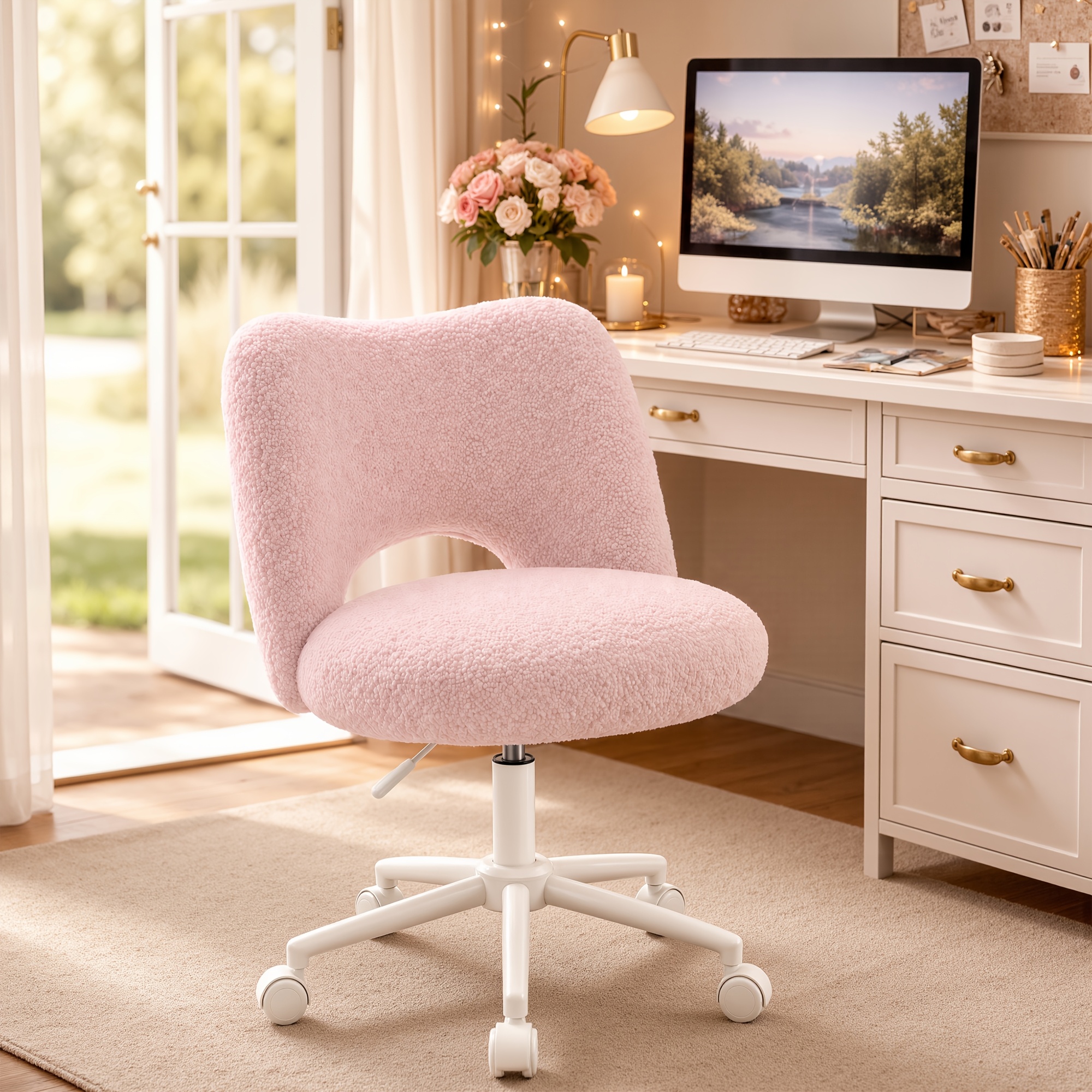 TEMU Klyvvo Silla de Escritorio con Ruedas, Silla de Maquillaje con Tejido Teddy Transpirable, Altura Ajustable, Ideal para Oficina, Hogar, Regalo