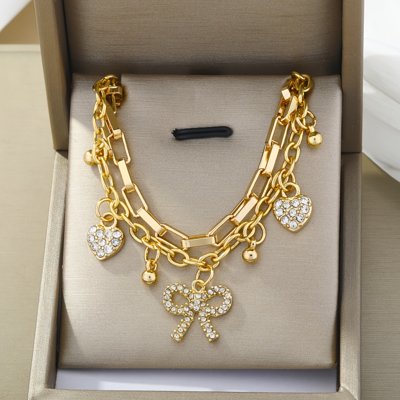 TEMU Un bracelet à chaîne double couche avec un pendentif de cœur et un nœud, élégant et stylé pour la Saint-Valentin ou ( boîte cadeau)
