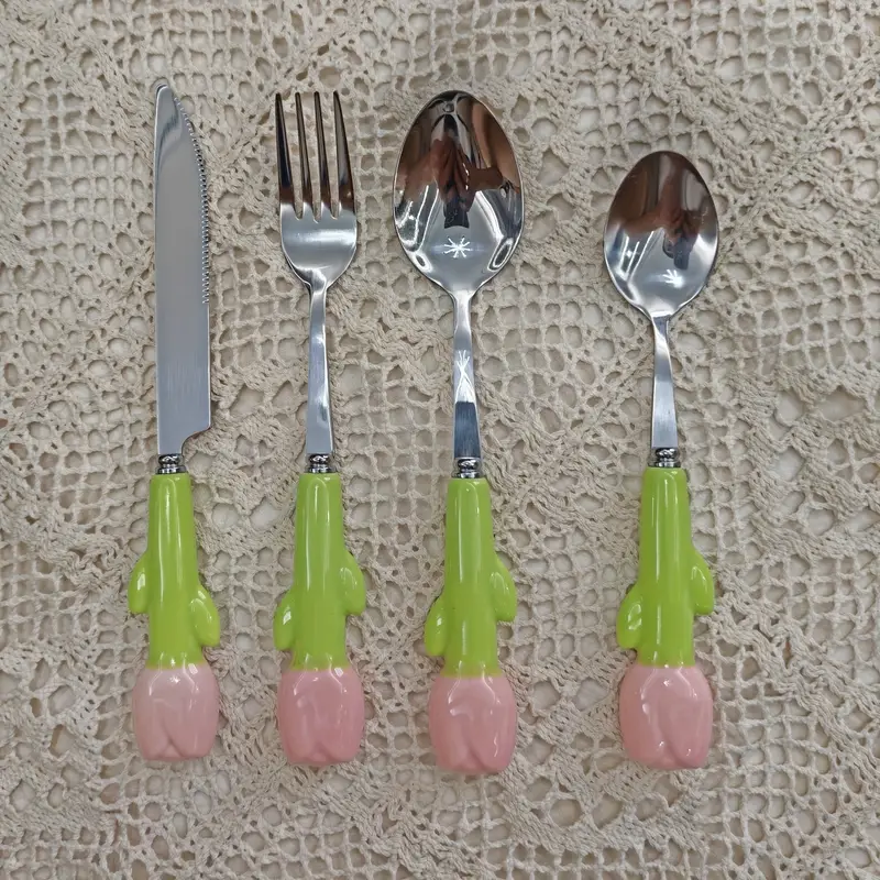 24pcs unique ceramic handle steak knife dessert spoon fork and spoon tableware set tools and accessories including knife fork and spoon very cute suitable for daily family dining birthday parties and festival parties Product details 0