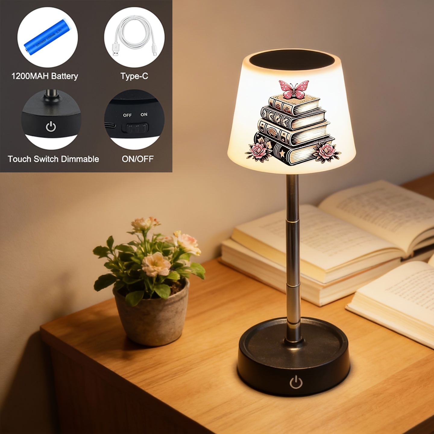 Rechargeable Table Lamp with Book Design