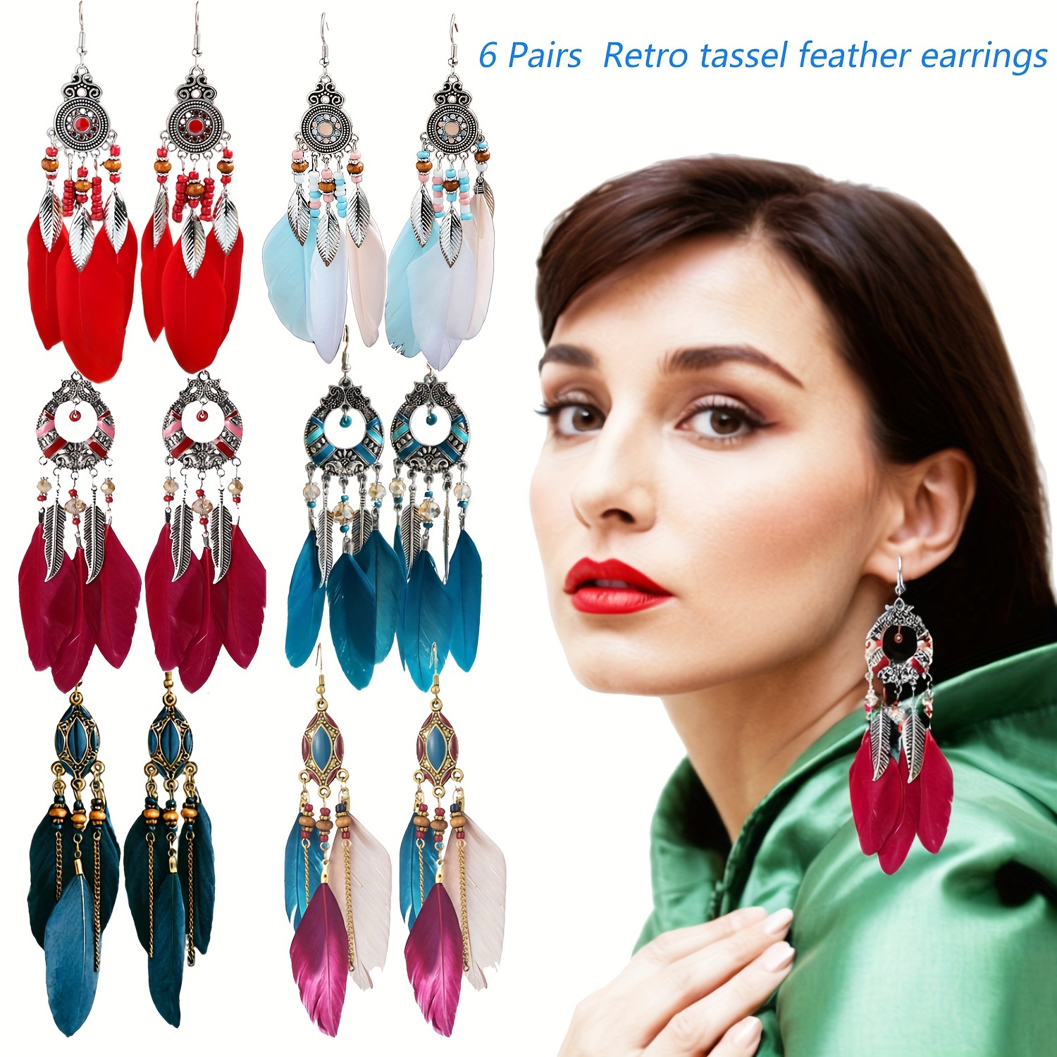 

6 Paires de Boucles d'Oreilles , Boucles d'Oreilles à , Boucles d'Oreilles Rétro, Boucles d'Oreilles Longues à , Bohémien Européen et Américain