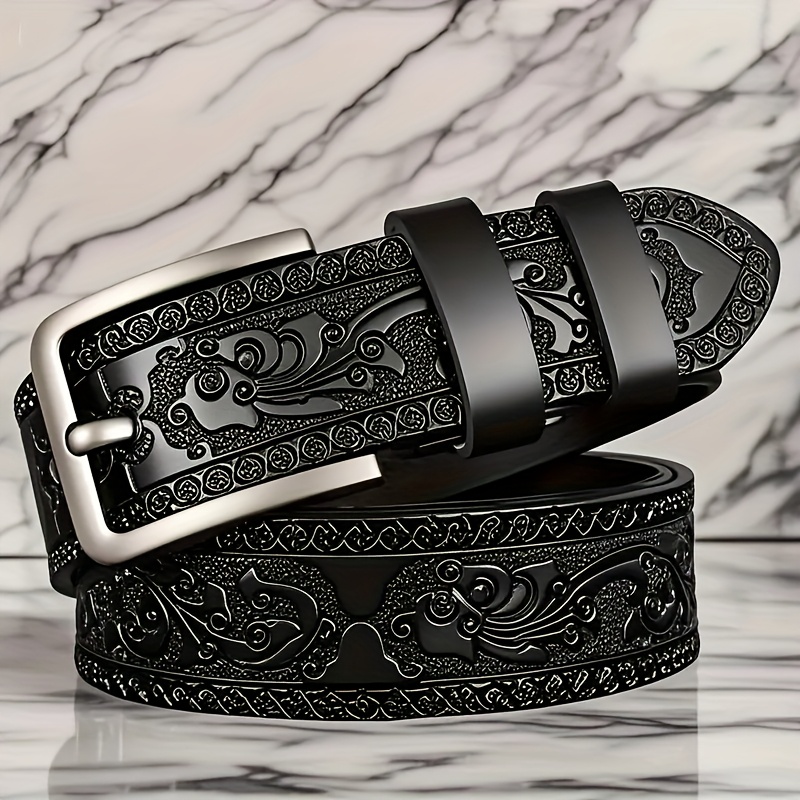 TEMU Men's Retro Premium Faux Leather Belt - Black And Brown Exquisitely Carved , Featuring A Secure Square Alloy , Comfortable And Durable, Suitable