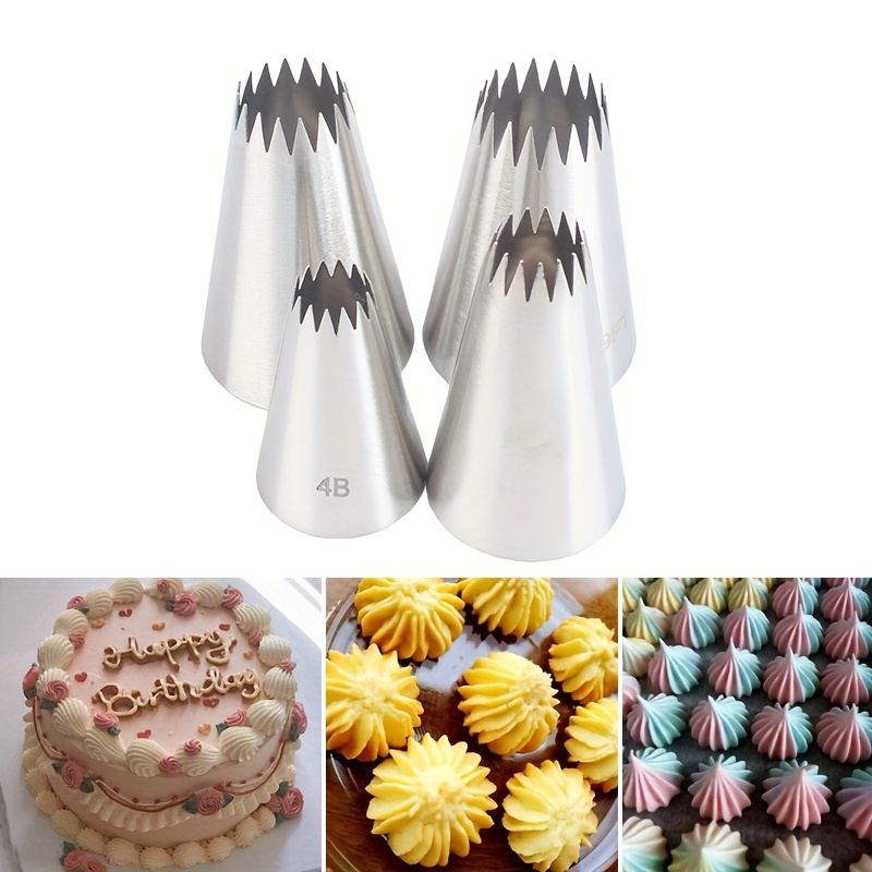 

4pcs Piping Nozzles Set, Stainless Steel Open Straight Serrated Icing Nozzles, Cream Cake Piping Tips For Dessert Biscuit Cup Cake, Kitchen Accessories, Baking Tools, Diy Cake Decorating Supplies