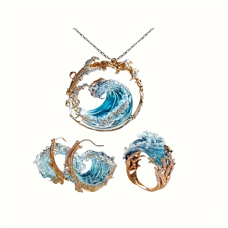 TEMU 3pcs Set Ocean Oath Blue Wave Jewelry, Fashionable Bohemian Style Necklace/earrings/ring With Gift Box
