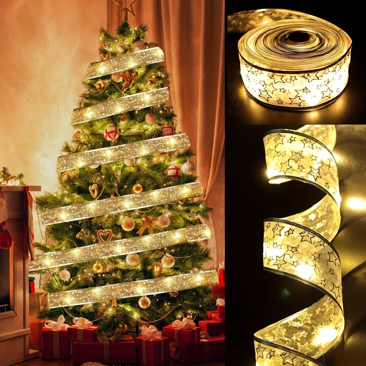 

1pack 33 Ft Christmas Ribbon Fairy Lights Gold Christmas Lights Lighted Ribbon Garland For Christmas Tree Gold Garland Christmas Decorations Indoor Outdoor Party Decorations, Warm White