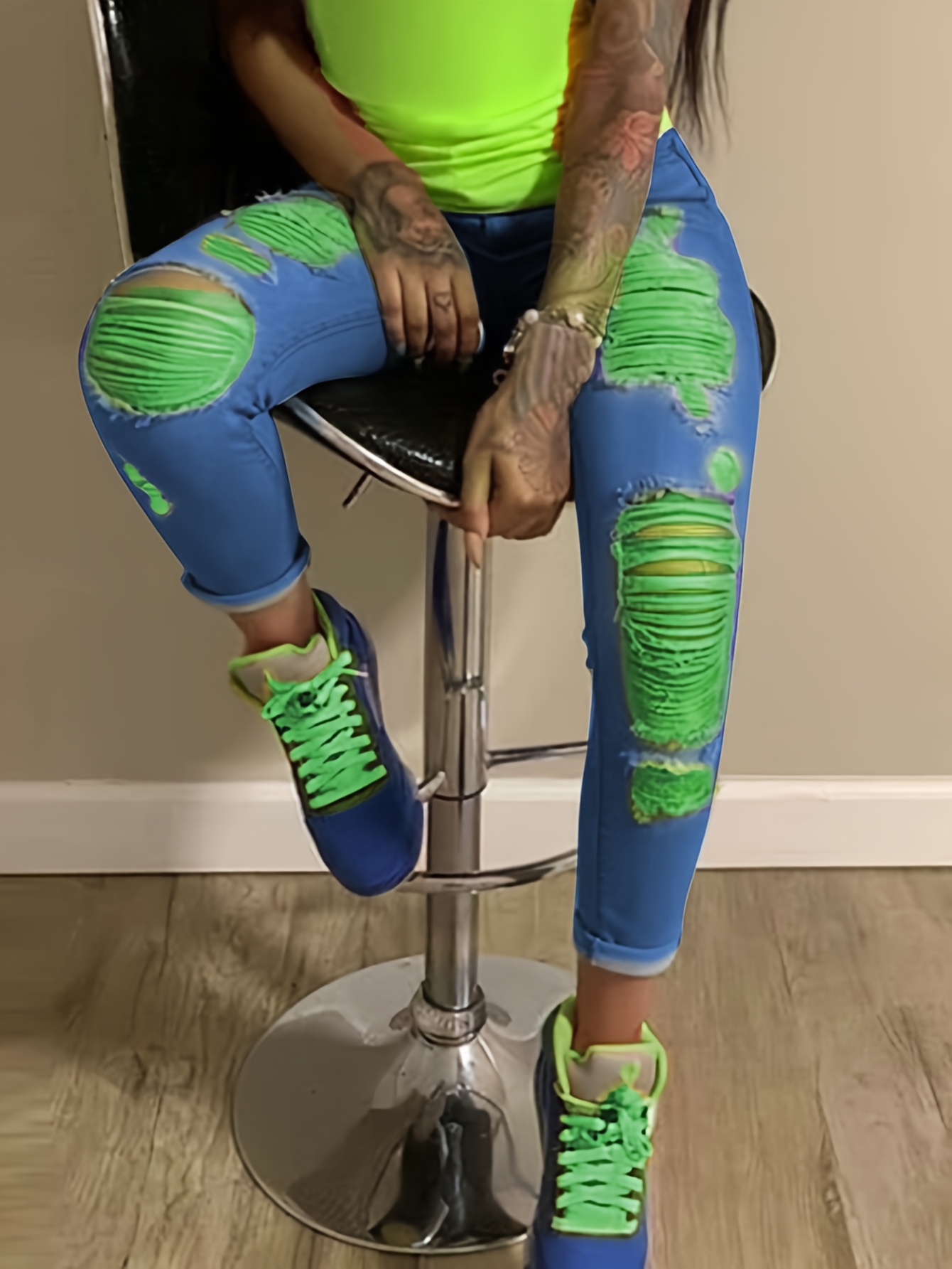 Women Distressed Jeans Wo* Waist Stretch Denim Pants Color Ripped Yellow  Detail Skinny Jean For Women