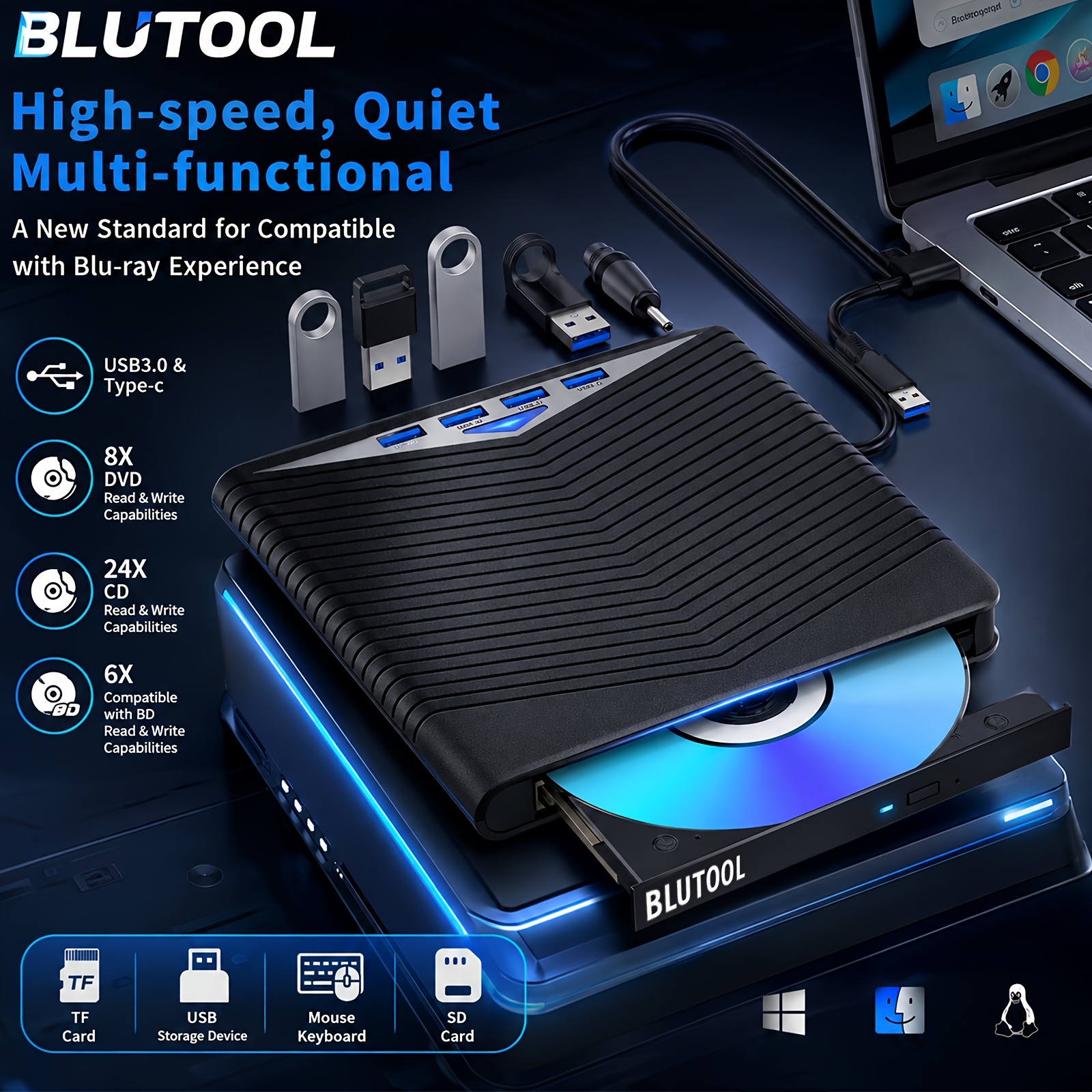 TEMU Usb 3.0 External Cd Dvd Drive, Type-c Cd Dvd +/ -rw Optical Drive Cd Burner, Drive With 4 Usb Ports And Sd/ Tf Card Slot Compatible With Windows