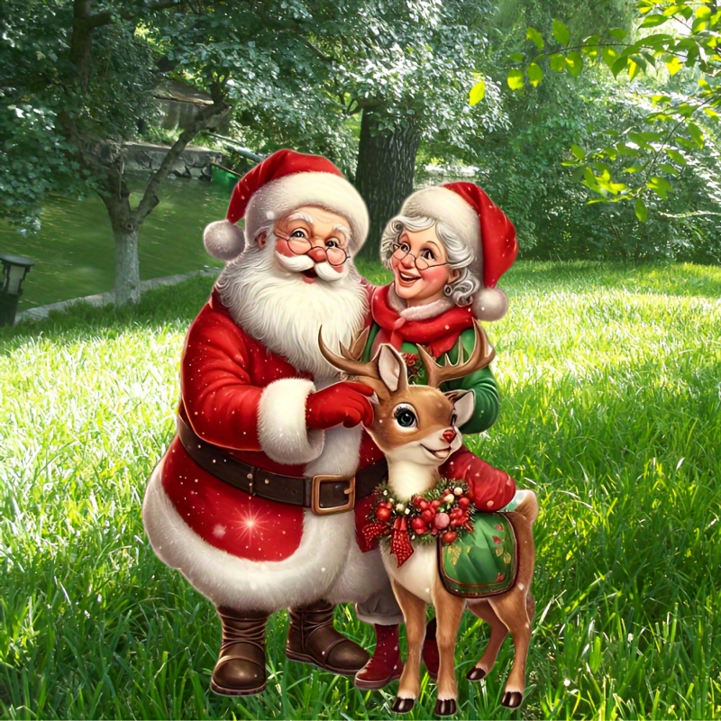 

1pc Art Christmas Garden Stake Decorative Acrylic Santa Family With Reindeer - Outdoor Floor Mount Plastic Ornament For Yard Display, Figures/people Theme, Non-electric No Battery Needed