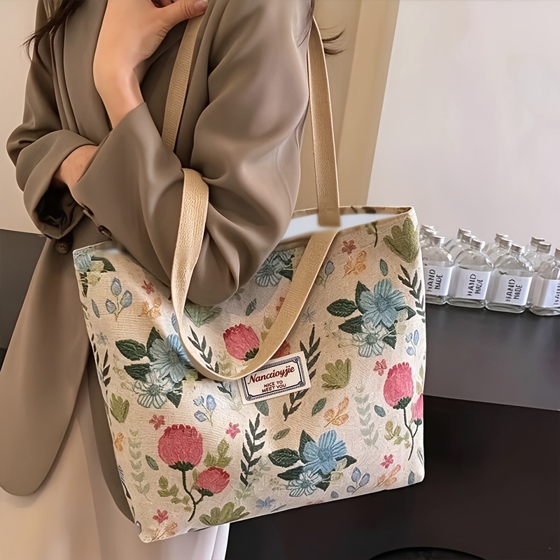 TEMU Fresh Pastoral Floral Tote Bag Women's Large Capacity Retro Floral Canvas Shoulder Bag Casual Commuter Student Handheld Shopping Large Bag