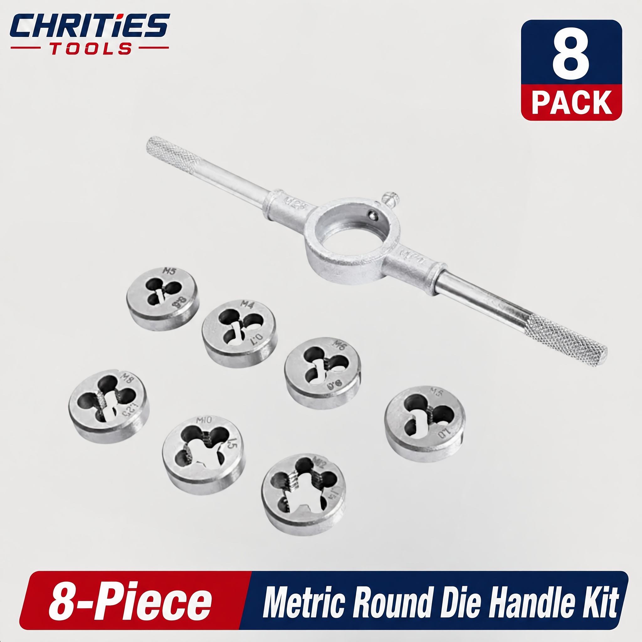 Image of 8pcs Metric Die Set For Wire Cutting And Thread Repair, High-grade Alloy Steel Punching Tools With Adjustable Wrench Handle - Sizes M3x0.5, M4x0.7, M5x0.8, M6x1.0, M8x1.25, M10x1.5, M12x1.75