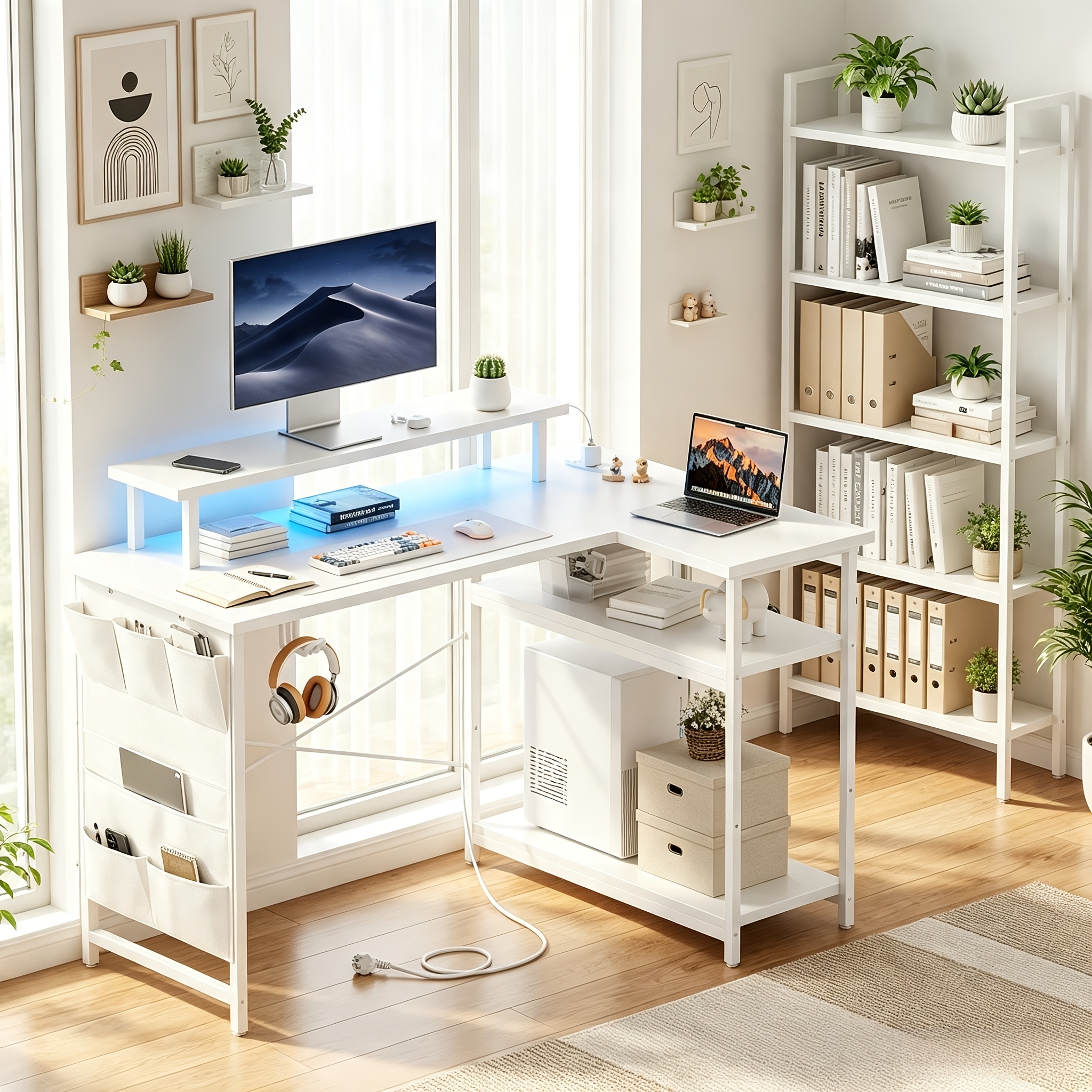 Image of Furnishia Computer Desk With Led & Power Outlet Lights, Storage Shelves L Shaped Gaming Desk, Office Desk With Monitor Stand For Writing Workstation, Bedroom