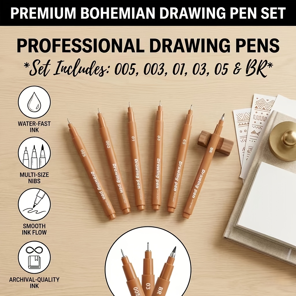 TEMU Premium Brown Style Drawing Pen Set (6pcs) - Ink Pens, Equipped With Multiple Sizes Of Pen Tips (005 To Brush Pen), Suitable For Sketching,