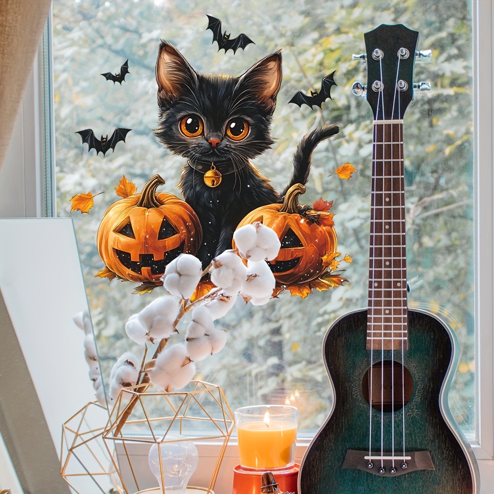 Image of 2d Flat, 2d Flat Halloween Window Decoration Stickers Spooky Black Cat Decals Pumpkin & Flying Bats Sticker For Glass Doors High Quality Removable Gothic Halloween Sticker 28*28cm/11*11inch, 2d Flat