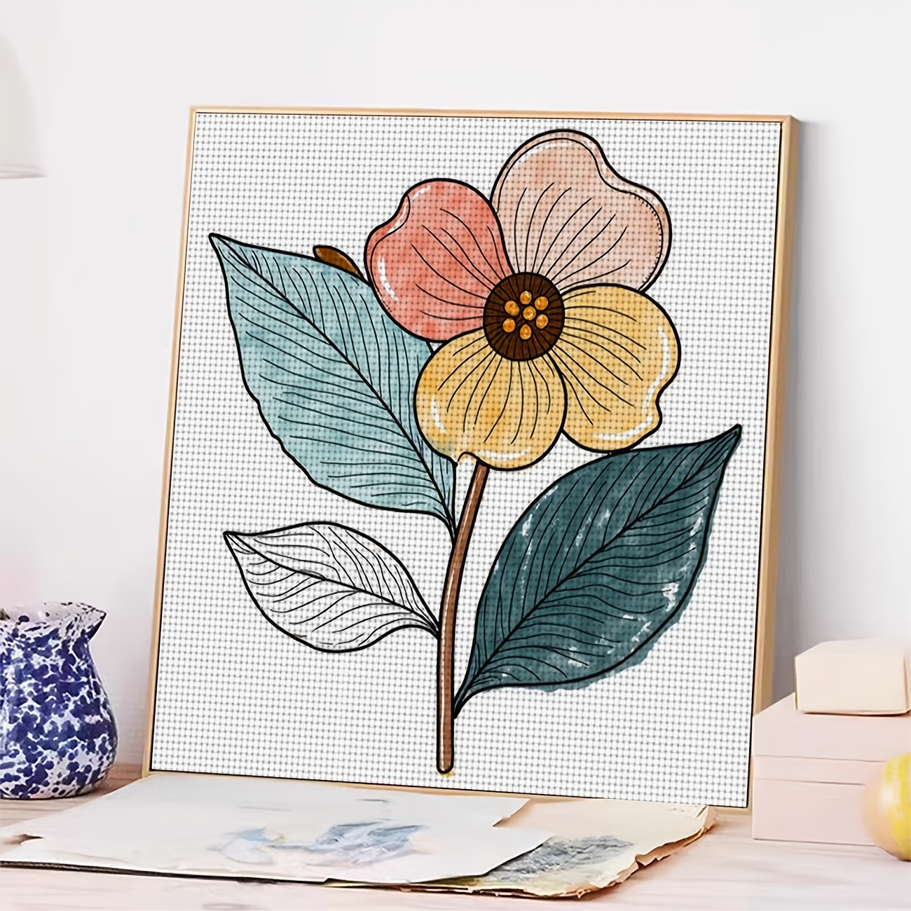 Frameless Cross Stitch Printed Kit, Colorful Flowers and Green Leaves Pattern