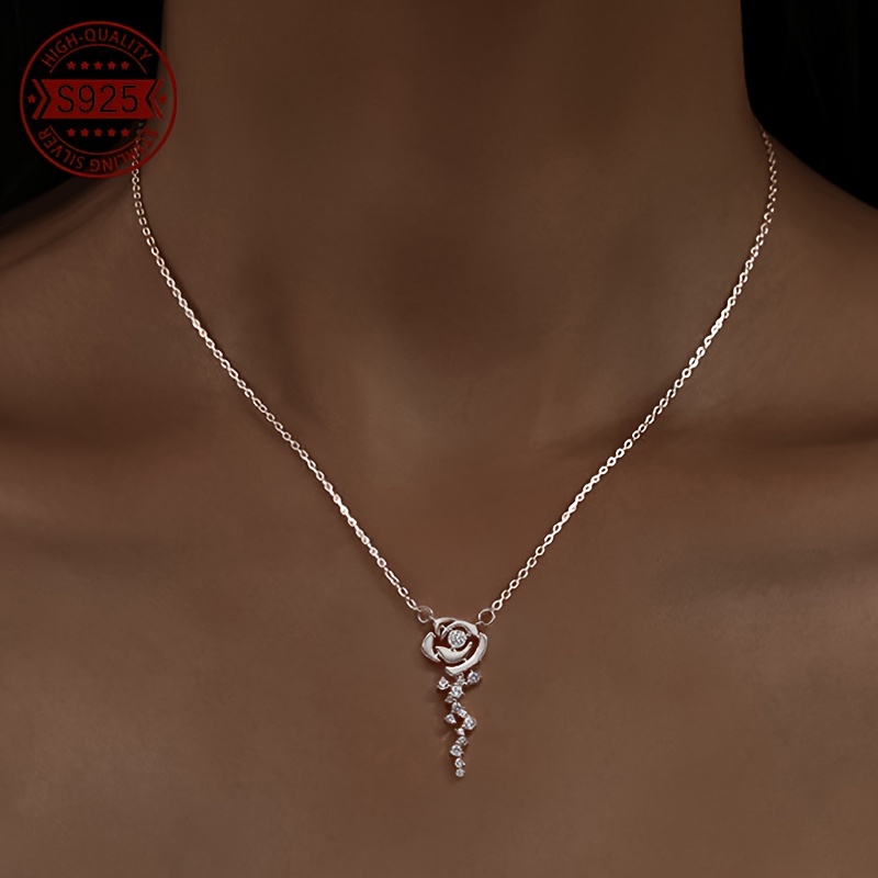 

Elegant Vintage-inspired Rose Pendant Necklace With Cubic Zirconia - 925 Sterling Silvery, & Gifts