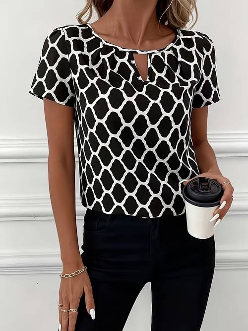 elegant damesblouse met sleutelgat en gesneden details | korte mouw, geometrisch , geschikt voor lente/zomer/herfst, veelzijdig voor casual tot formele gelegenheden