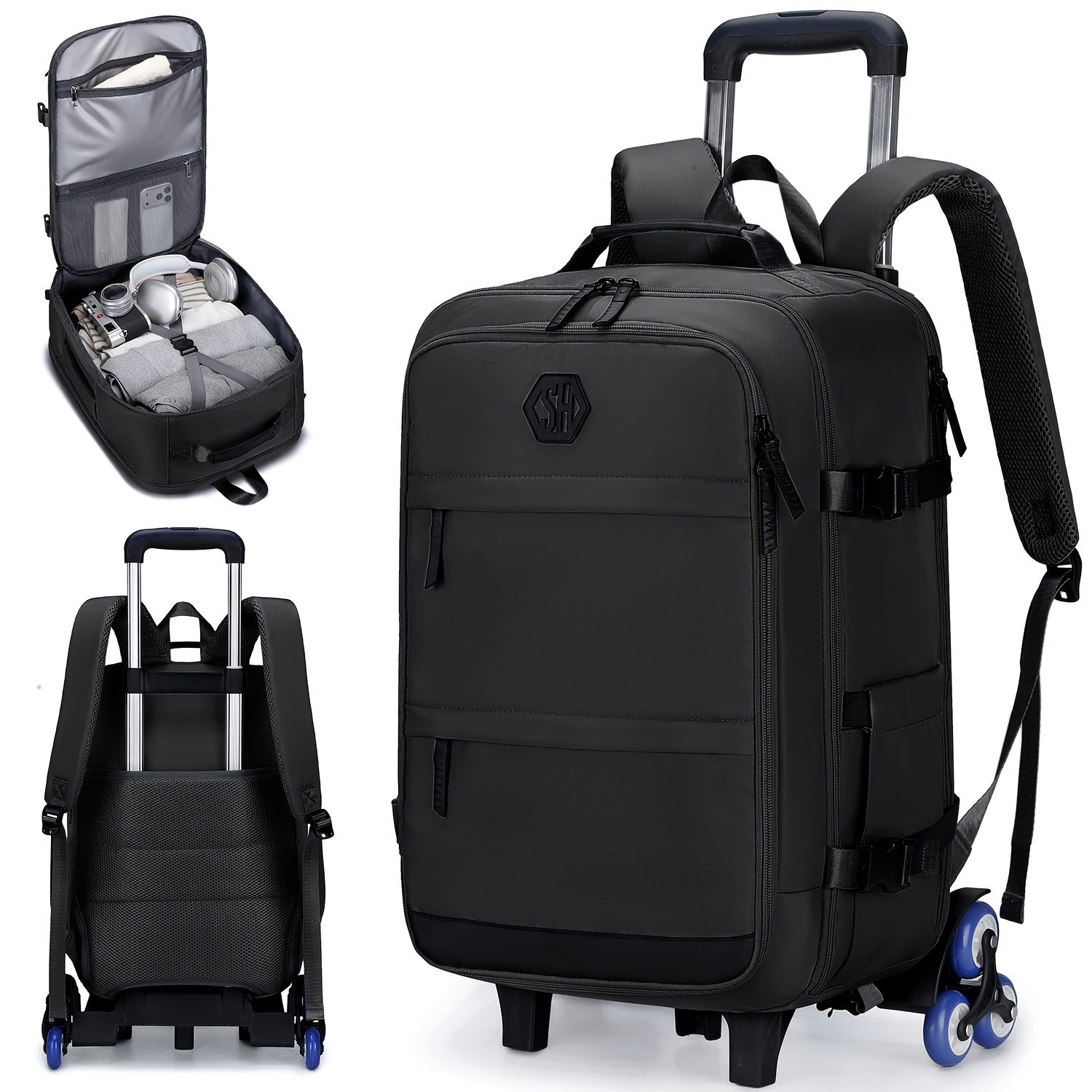Six-wheel Ladder Backpack With Pull Rod, Laptop Backpack With Luggage Strap, Business-style Dual-shoulder Backpack, Fashionable Design With Zipper Compartments, Unisex Backpack For Back-to-