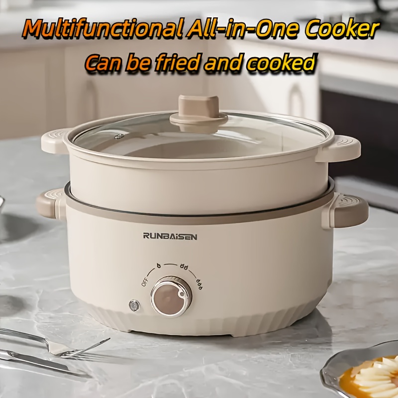 220V-240V Electric Cooker & Frying Pan -   Multifunctional Pot with Deep Frying, Slow Cooking, Boiling, Simmering, Sauteing, Steam Function &   - Compact Stovetop-Safe Design for Small Kitchens, European Plug (Battery-Free)