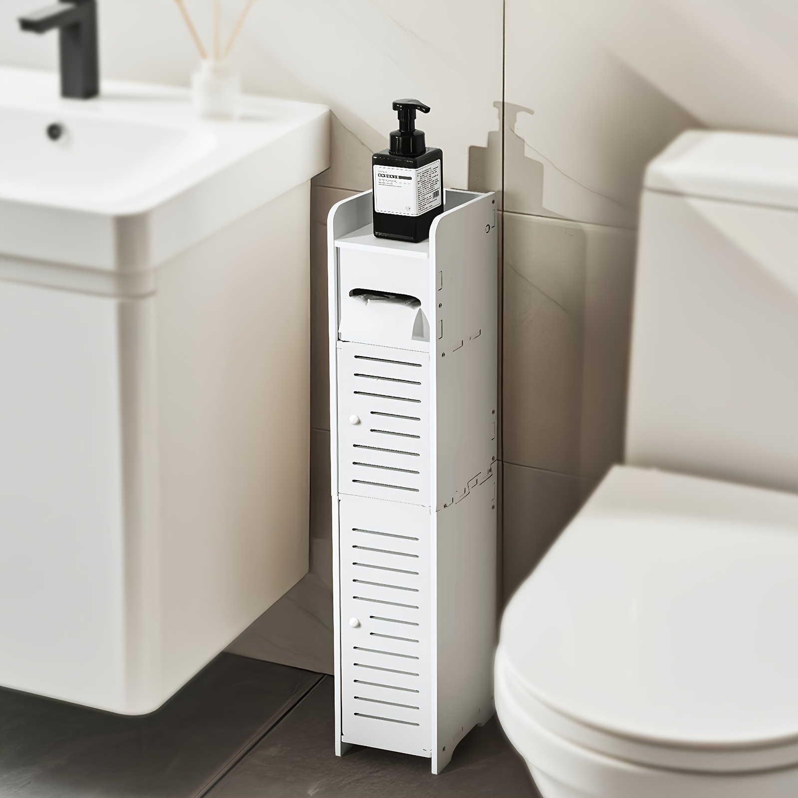 TEMU [1pc Slim White Bathroom Storage Cabinet ]- Durable Pvc Organizer For Tight Spaces, Toilet Paper Holder Stand For Bathroom, Bedroom & Living Room, Easy To Assemble