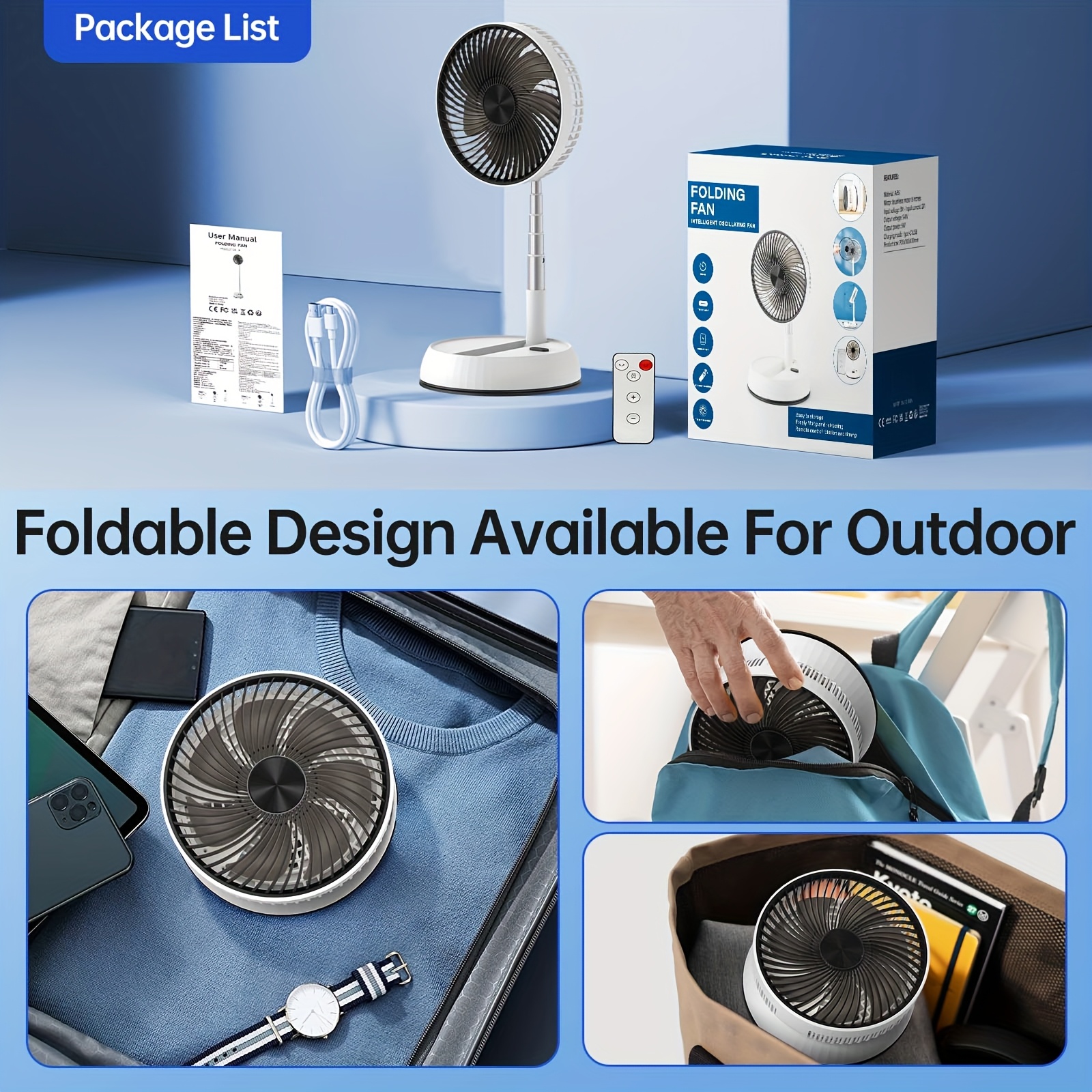 Outdoor Fan 7200mAh Remote Control Folding Fan with Adjustable Head Portable Silent Desktop Vertical Multi-purpose Strong Wind Power Long Endurance