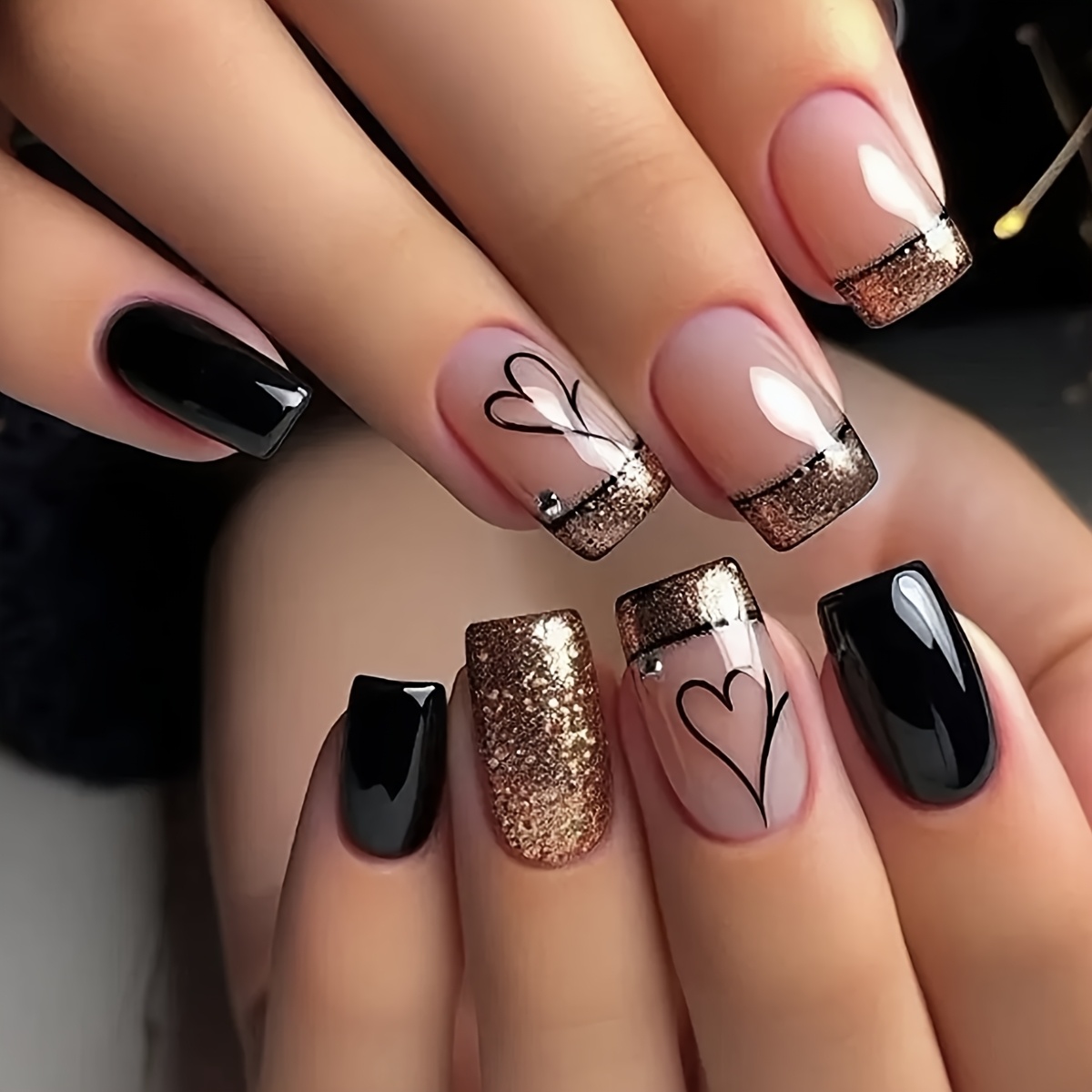 TEMU 24pcs Of Square Press Nails, Black And Shiny, With A French Pointed Design, Heart-shaped Prints And A Full Coverage Of . Press False Nails Are Suitable For Women' And Festival Nail Decoration