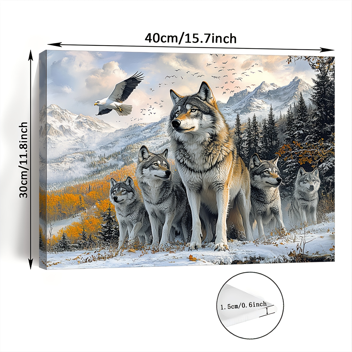 TEMU mural 2D plat, 2D plat, 2D plat 1pc Pack de dans encadré en bois sur toile - 11.8"x15.7" (30x40cm) Peinture de loup d'hiver avec 4 et paysage de