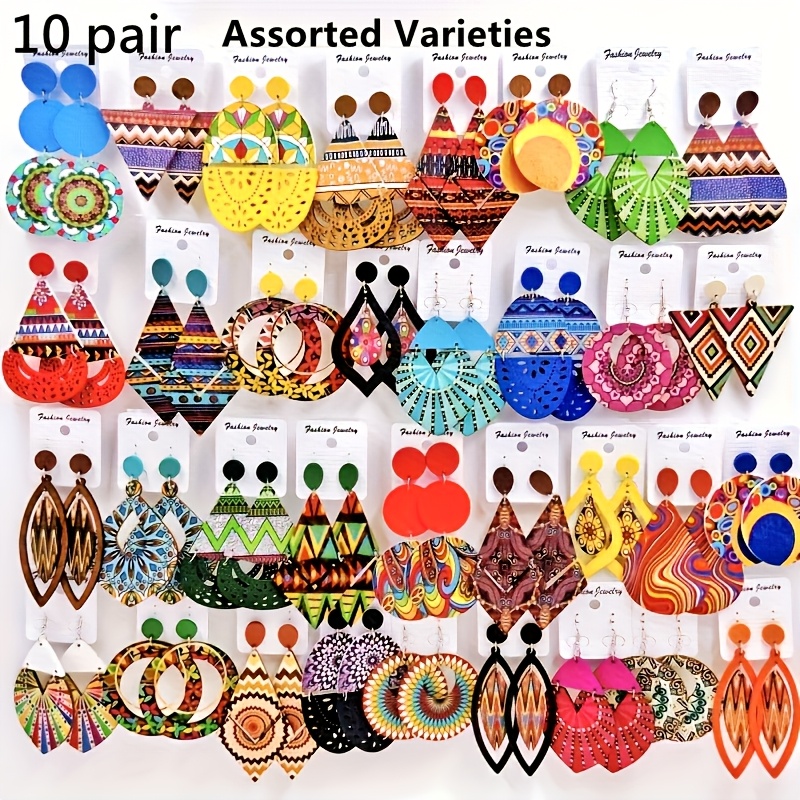 E-shop 5/10 Paar/Los Holz-Ohrringe für Damen – Modische Anhänger mit verschiedenen Stilen, Ethno-Stil Ohrringe, Schmuckgeschenke im Großhandel