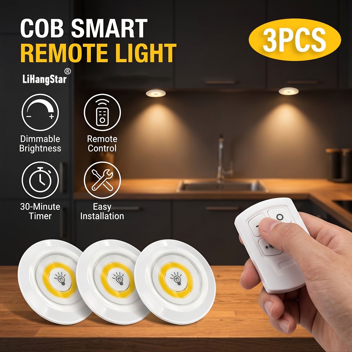TEMU Juego de 3 lámparas de pared LED de interior con control remoto, luces nocturnas para debajo de gabinetes, control táctil (requiere 2 o 3 pilas