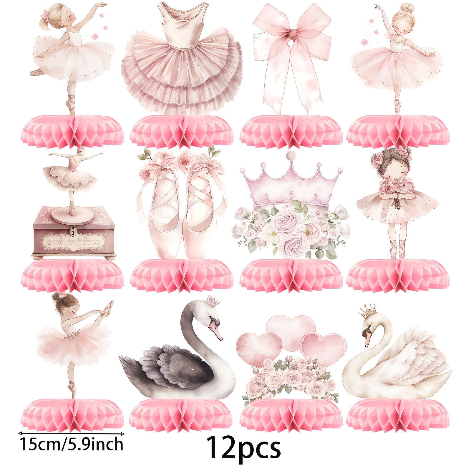 TEMU Lot de 12 ornements de bureau élégants en papier Ballerine, décorations de tutu rose aquarelle et de chaussons de pointe, fournitures de fête de