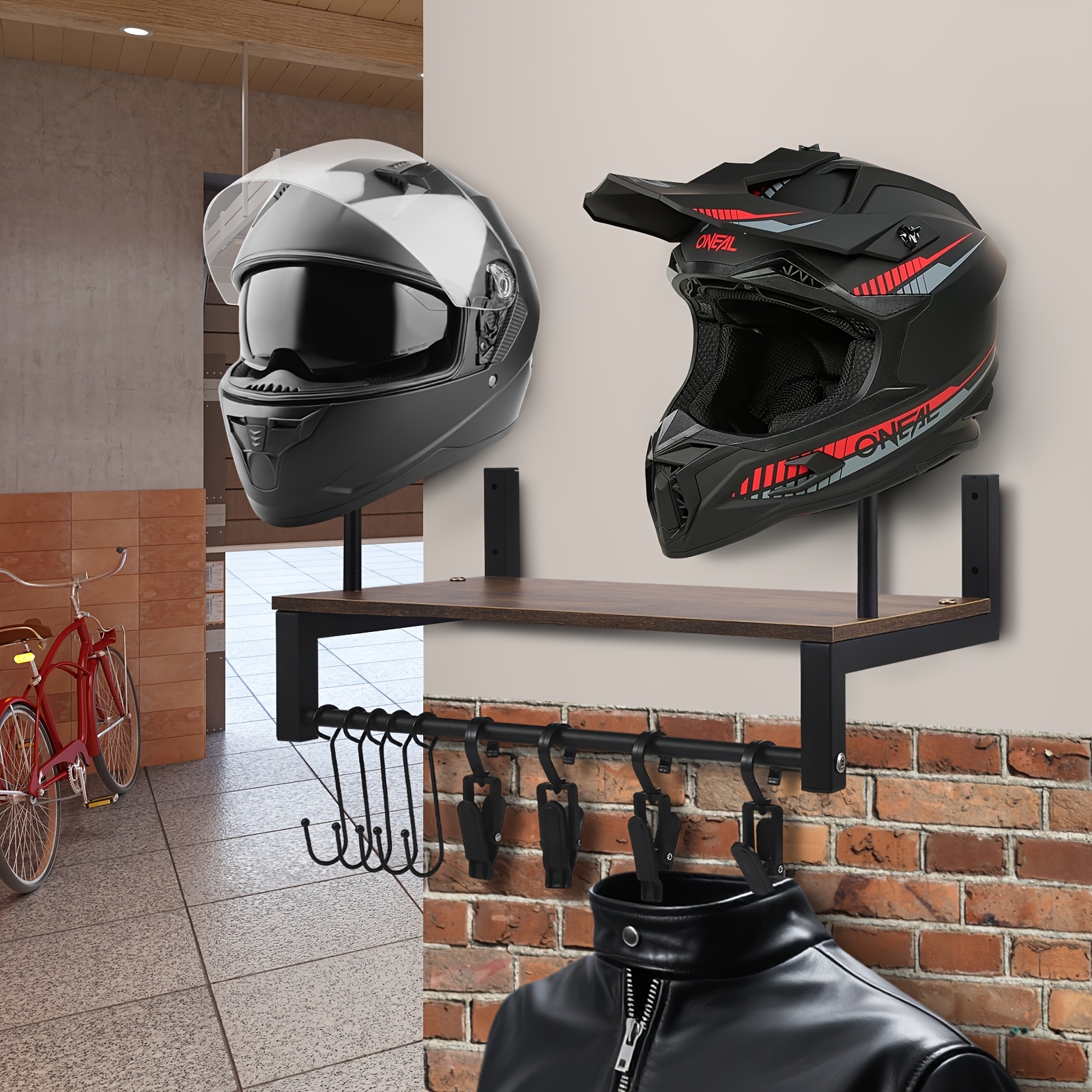 Wall Mounted Helmet Holder With Hooks And Clips Versatile Rack For Motorcycle, Football, And Cycling Gear