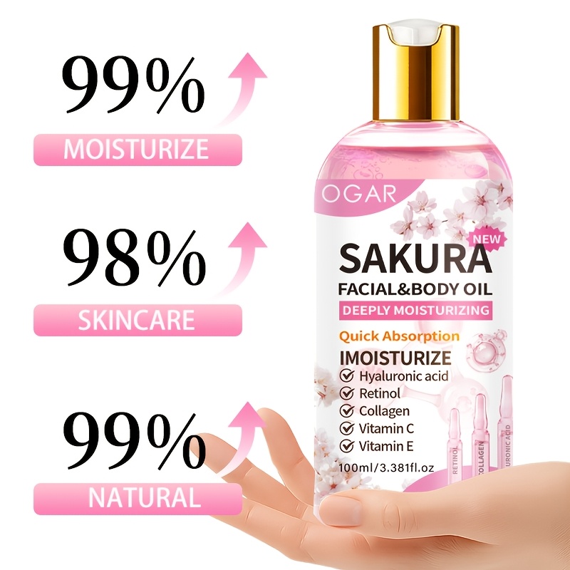 Ulei Esență Multifuncțional pentru Îngrijirea Pielii Sakura, Îmbogățit cu Ulei de Sămânță de Camelia, Ulei de Sămânță de Strugure, Ulei de Cocos, Niacinamidă, Vitamine C și E, Colagen, Acid Hialuronic, Oferă Hidratare de 48 de Ore, Iluminează, Hidratează Pielea, Se Absoarbe Rapid, pentru Masaj