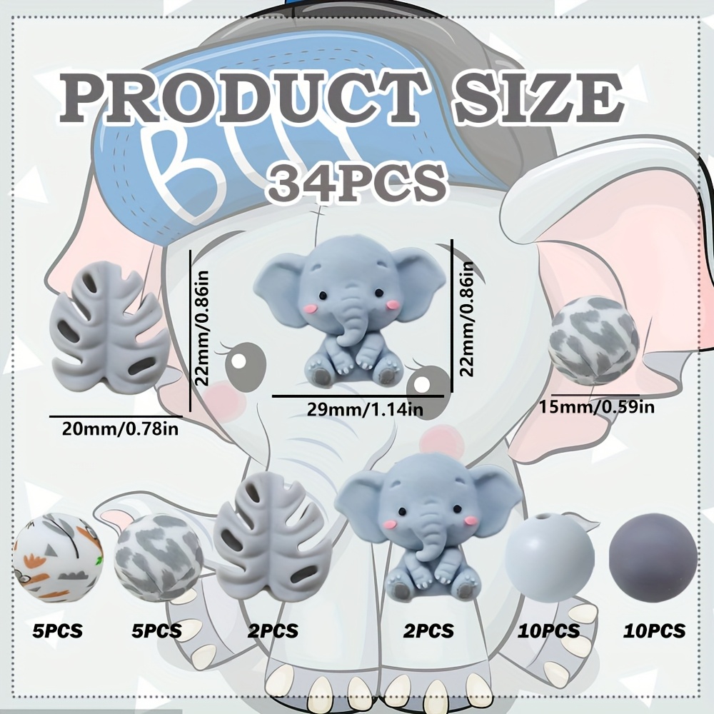 Image of 34pcs Gray And Leaf Shaped Silicone Beads, Gray Doodle 15mm Round Bead Charms, Suitable For Earrings, Necklace, Bag Chain, Phone Pendant, Makeup Brush Set, Perfect Halloween Gift And Birthday Present