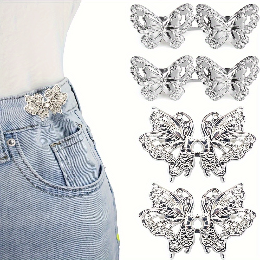 

4pairs Adjustable Jeans Button Pins, Metal Butterfly Waist Tighteners For Loose Denim, No Sew Instant Extend & Reduce Pants Size, Stylish Fit Alteration Clips For Jeans/denim Trousers