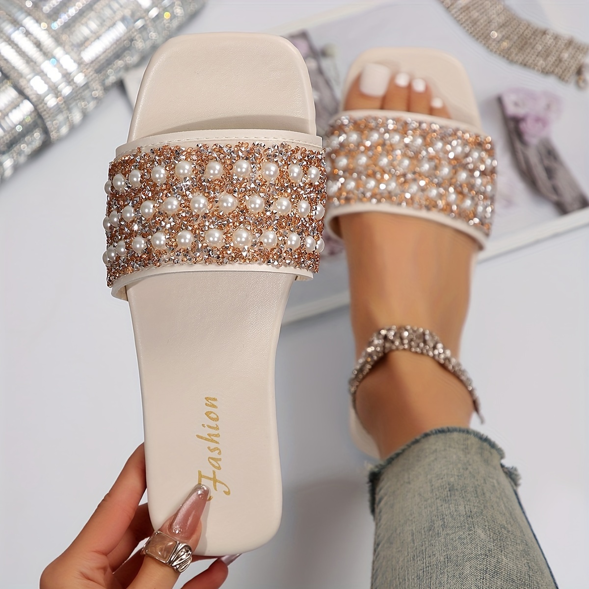 

Women's Solid Color Sandals, Faux Pearl Decor Lightweight Flat Casual Slides, Sequins Non-slip Beach Slides For Music Festival