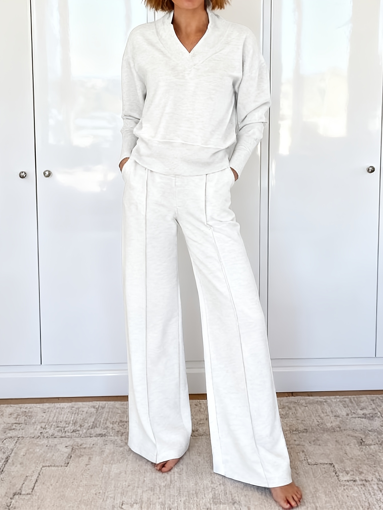 Plus Size Women's Casual Loungewear Set - Soft Solid Color Top & Pants For Home Wear