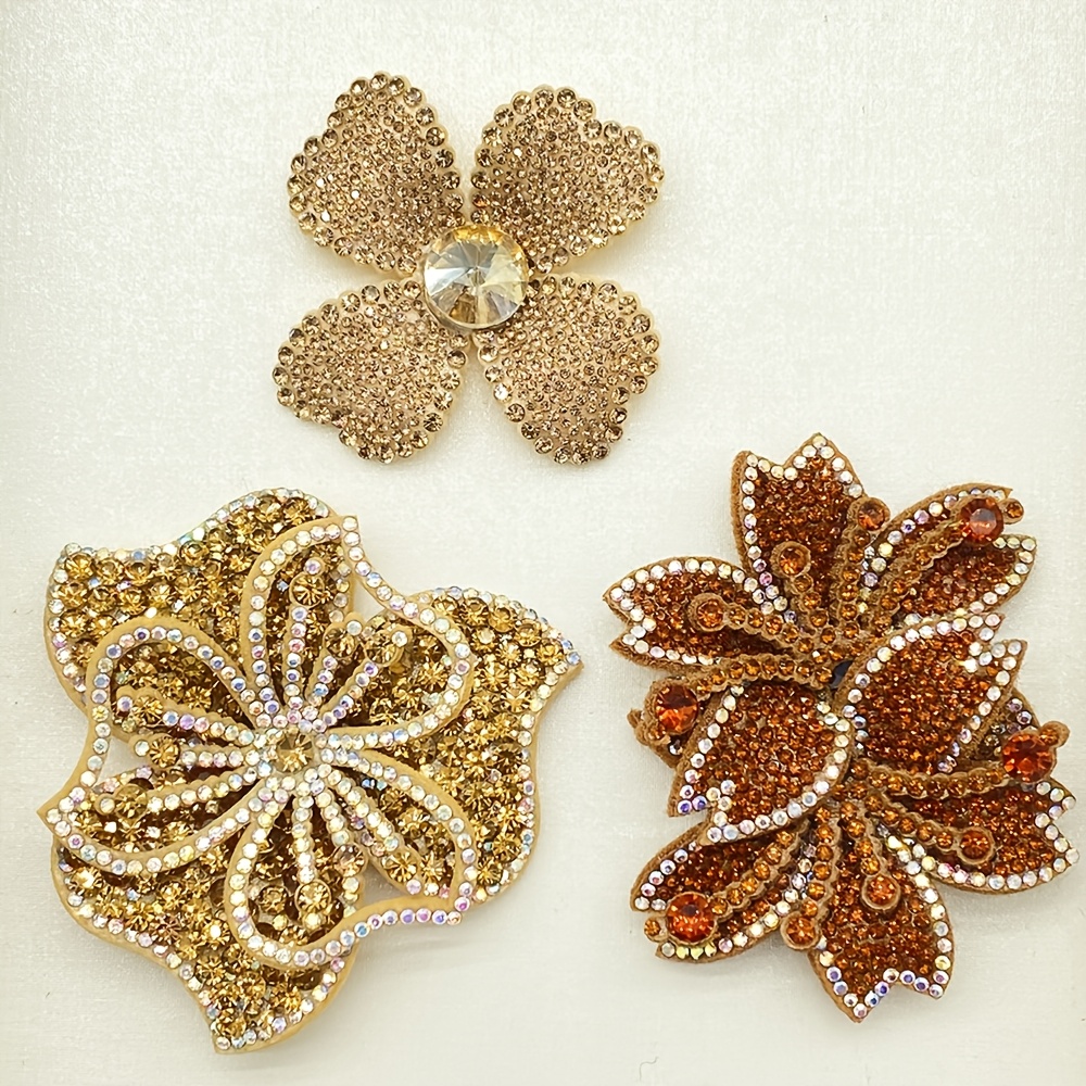 TEMU Un ensemble de 3 patchs de fleurs en strass couleur champagne, accessoires pour vêtements, chaussures, chapeaux, sacs, cheveux et autres détails