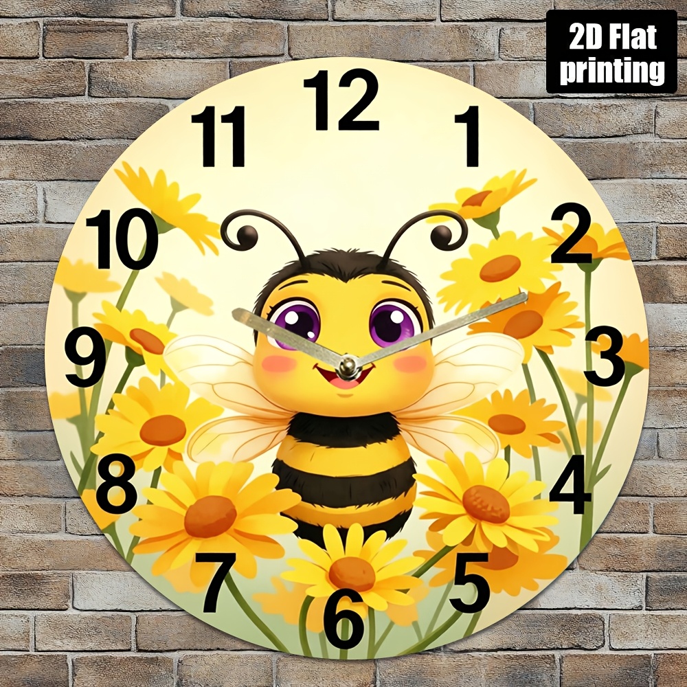 TEMU 1pc Cute Bee And Daisy Acrylic Silent Wall Clock - Round No-ticking Bee-themed Clock With Daisy And , Country Style Decor For Living Room,