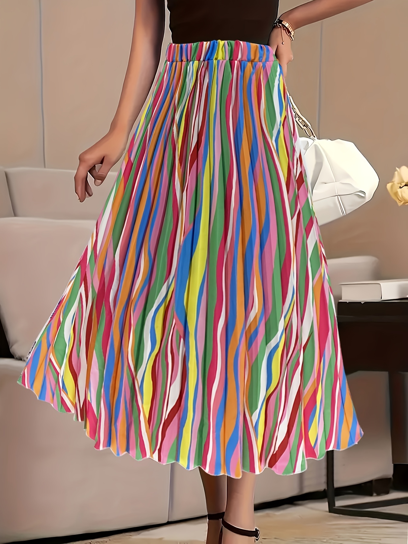 Fashion Rainbow Accordion Skirt Plus Size Club Exx Pleated Skirt