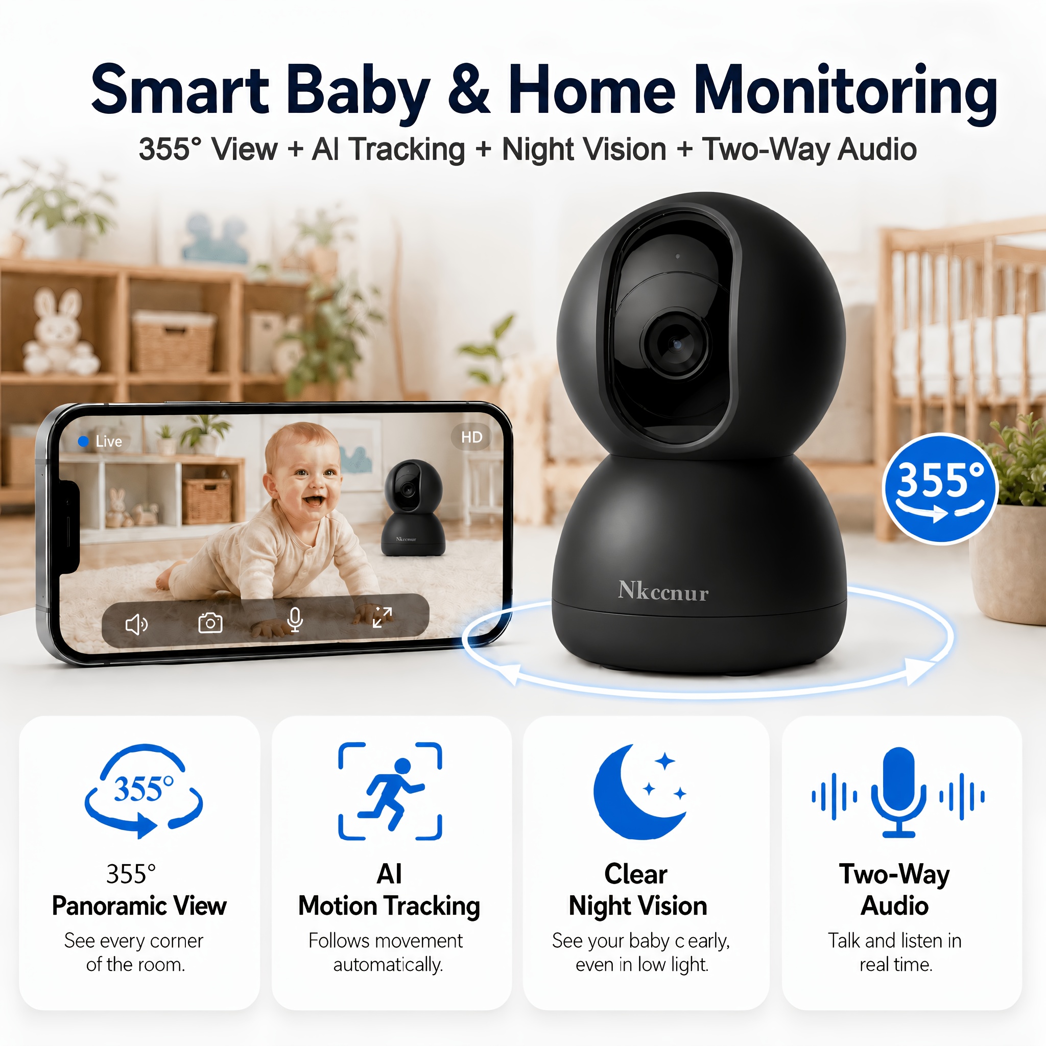 TEMU 1pc Smart Baby Monitor Camera, 2mp 355° Home Camera, Supports Tracking, Night Vision, Audio, Hd Indoor Pet And Nursery Monitoring