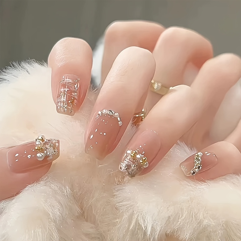 Image of 1 Set 24pcs Short Square Gentle Temperament Fragrant Pink Wearable Nail Art This Style With Scrubber, Jelly Glue