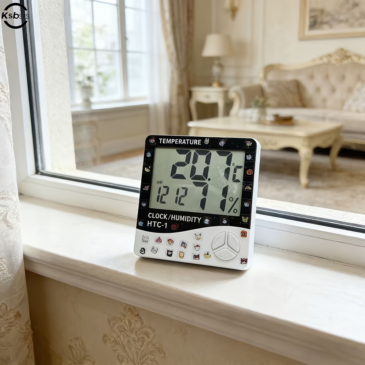 TEMU Htc-1 Thermometer Hygrometer Clock Large Screen Digital Display Time Temperature Humidity Multi-display Office Home Supplies Digital Temperature