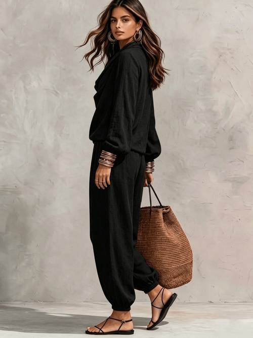 minimalist high end style loose collar long sleeve top with high waist elastic bell pants 2pcs set for women lazy drape loose fit figure flattering for commuting vacation and casual wear